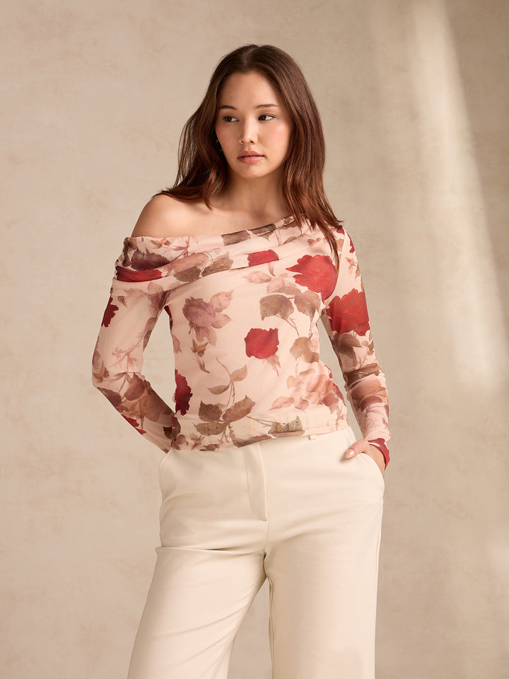 Beige Off-Shoulder Floral Mesh Top
