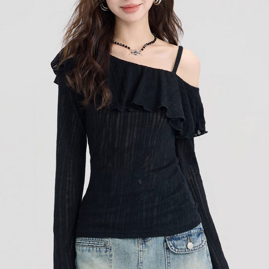 Black Cold Shoulder Frilled Top