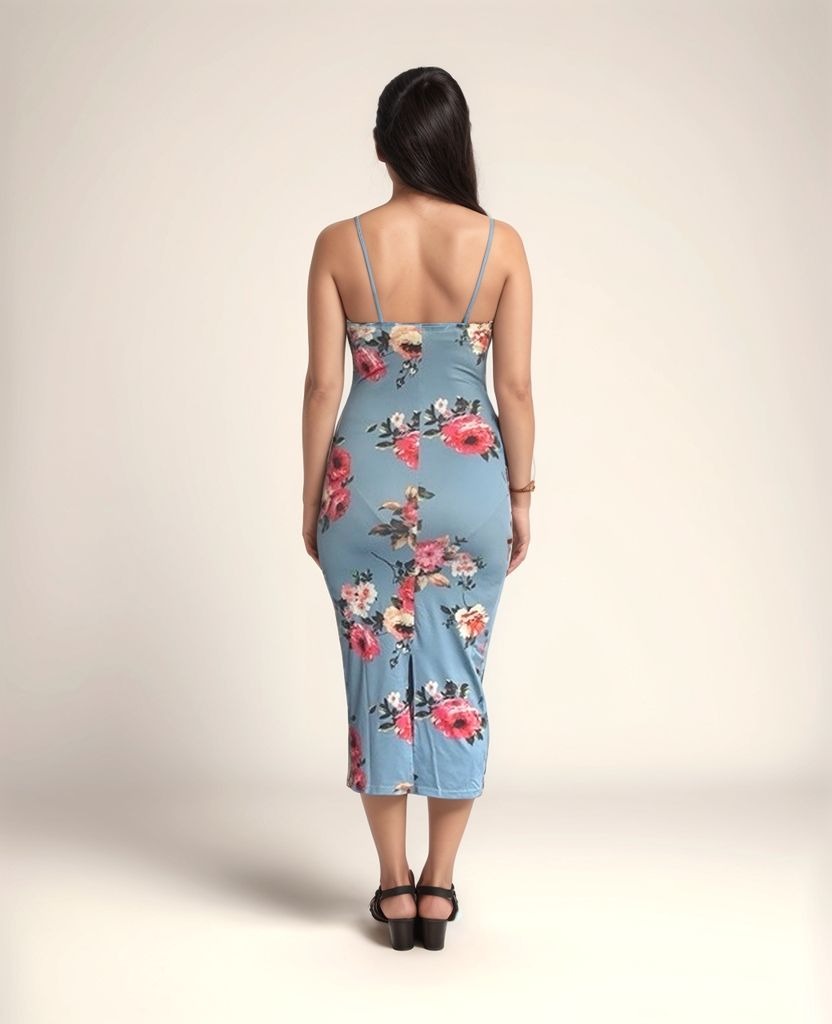 Blue Floral Printed Bodycon Dress