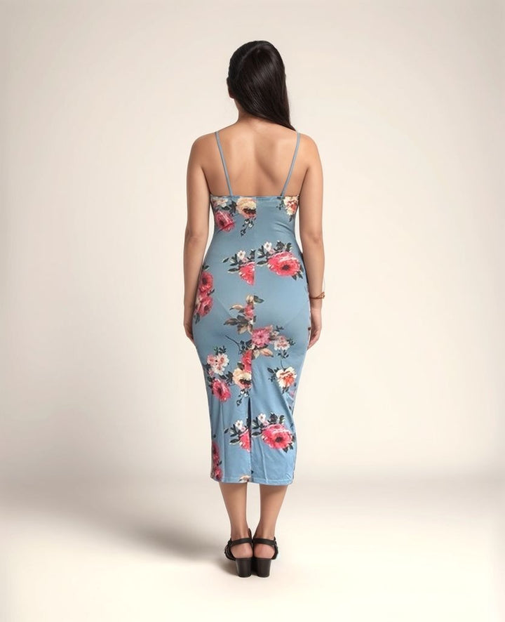 Blue Floral Printed Bodycon Dress