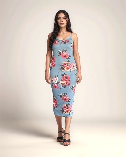 Blue Floral Printed Bodycon Dress