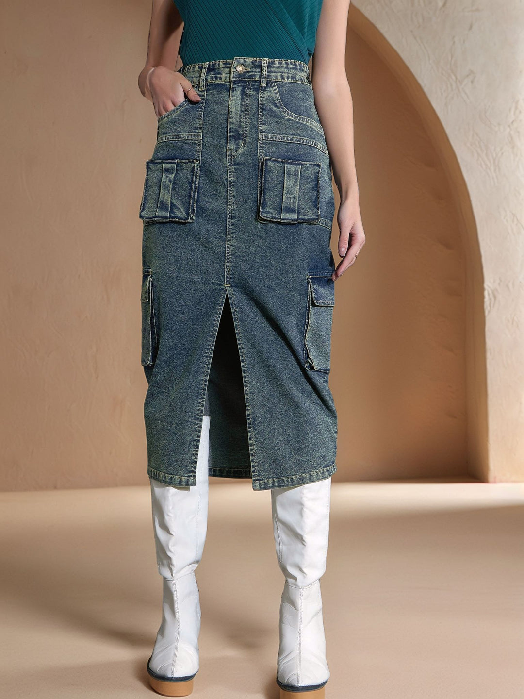 Green High Waist Front Slit Skirt