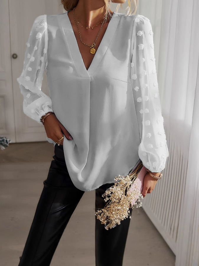 White V Neck Blouse With Sheer Sleeves