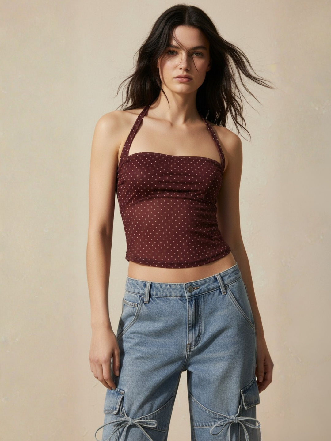 Brown Halter Neck Fitted Top