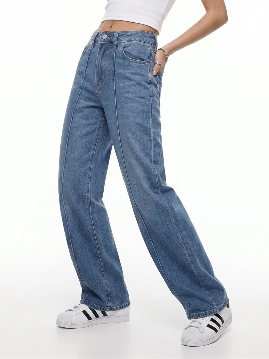 Blue Clean Washed Wide Leg Jeans With Seam Detail