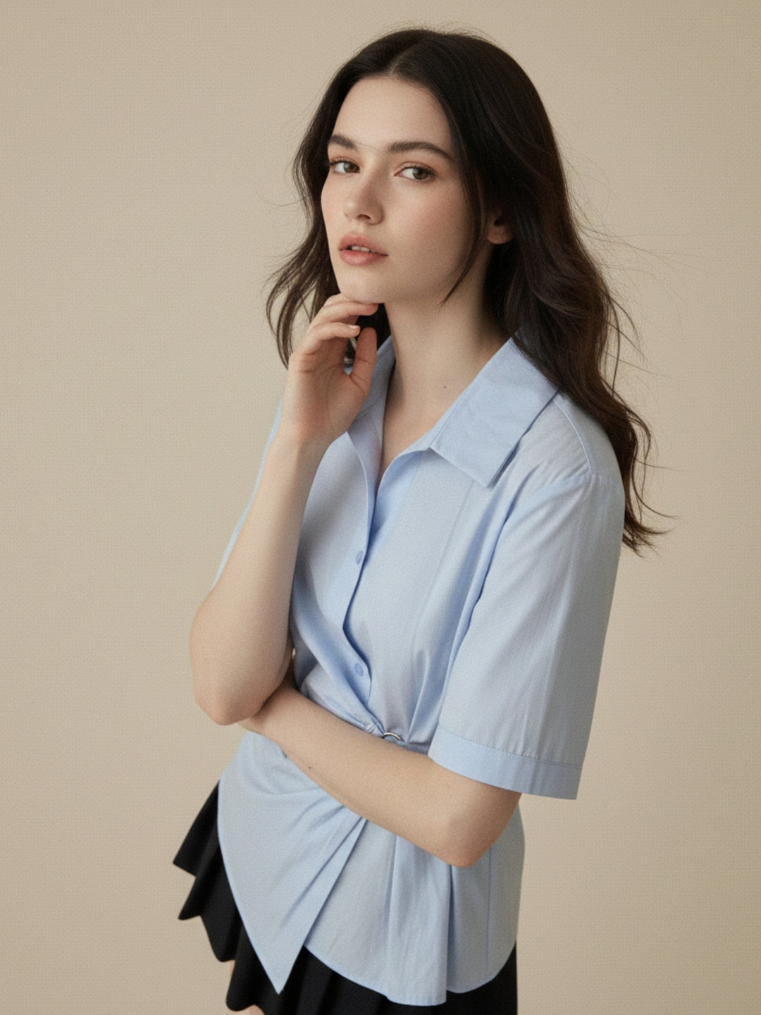 Light Blue Waist Belted Front Buttoned Shirt