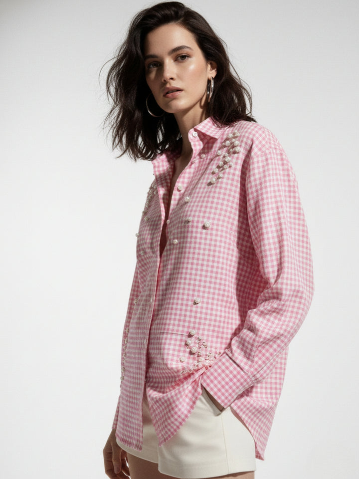 Pink Oversized Check Shirt With Placement Embellishment Detail