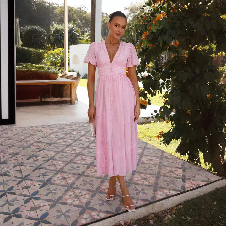 Pink Plunge Neck Cinched Waist Dress