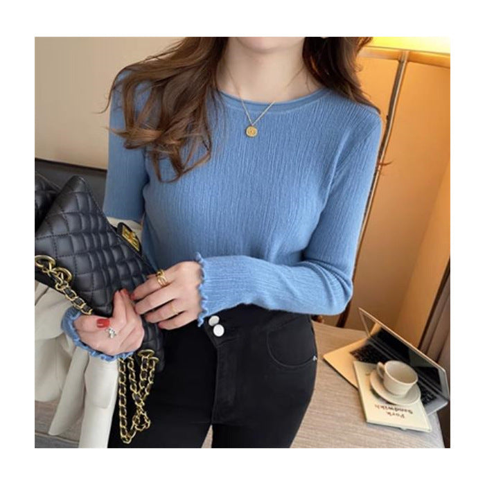 Blue Full Sleeve Scallop Hem Mock Neck Fitted Top