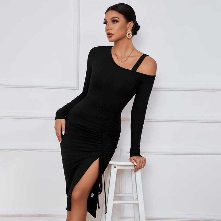 Black Full Sleeve Cold Shoulder Front Ruched Dress