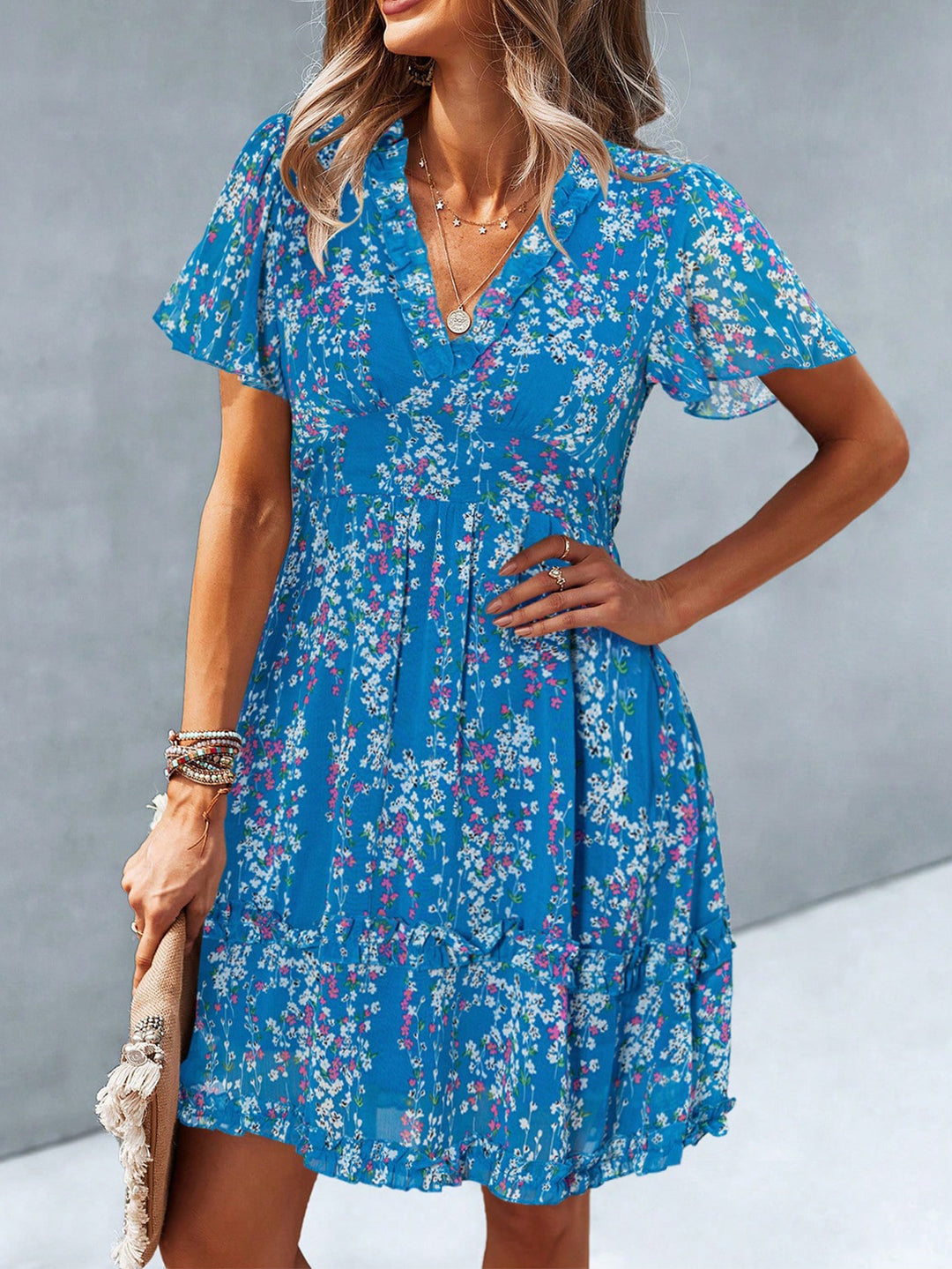 Blue V Neck Flutter Sleeves Dress