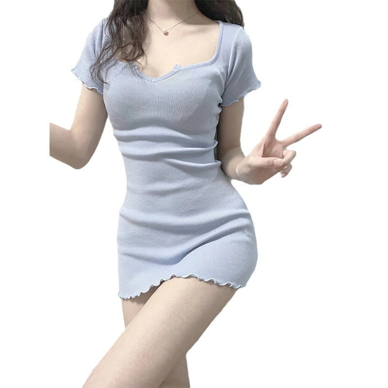 Blue V Cutout Square Neck Fitted Mini Dress