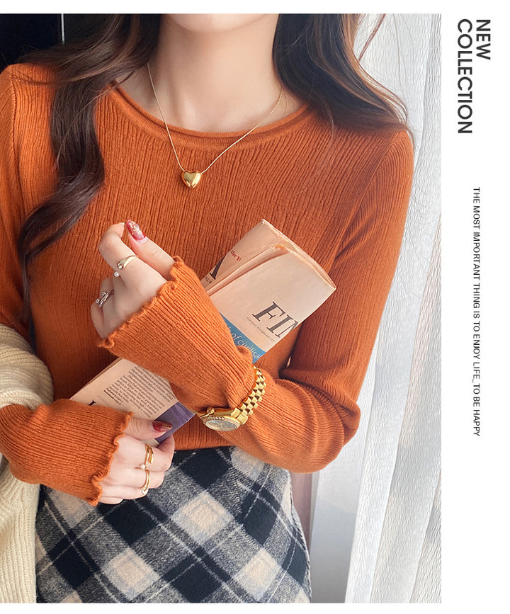 Orange Full Sleeve Scallop Hem Mock Neck Fitted Top