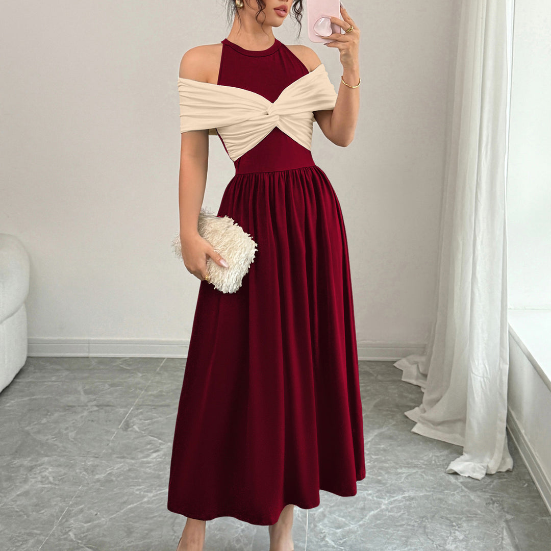Maroon Twisted Contrast Off Shoulder Dress
