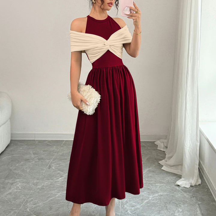 Maroon Twisted Contrast Off Shoulder Dress