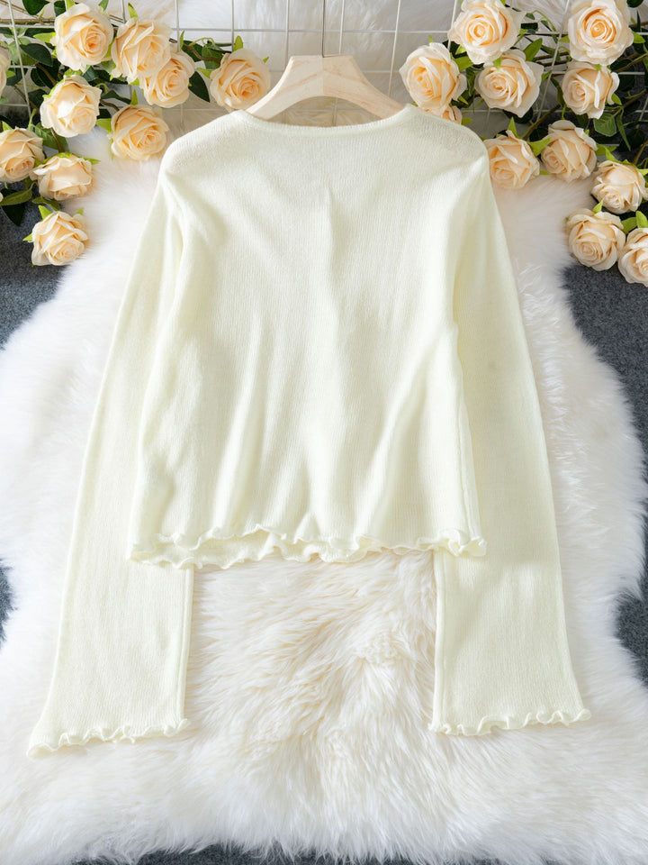 Off White Full Sleeves Flower Button  Solid Cardigan