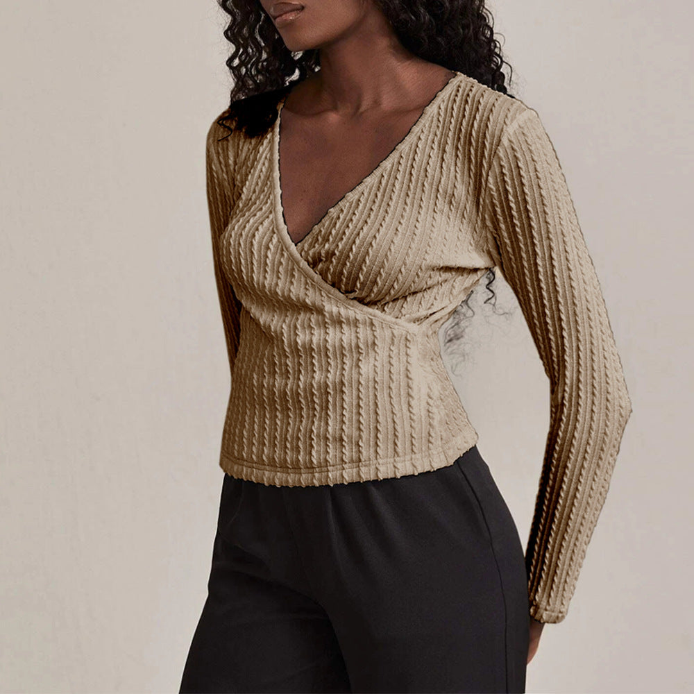 Khaki Textured Knit V-Neck Top