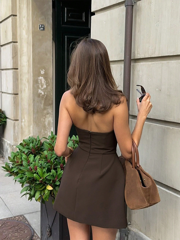 Brown Halter Neck Short Dress
