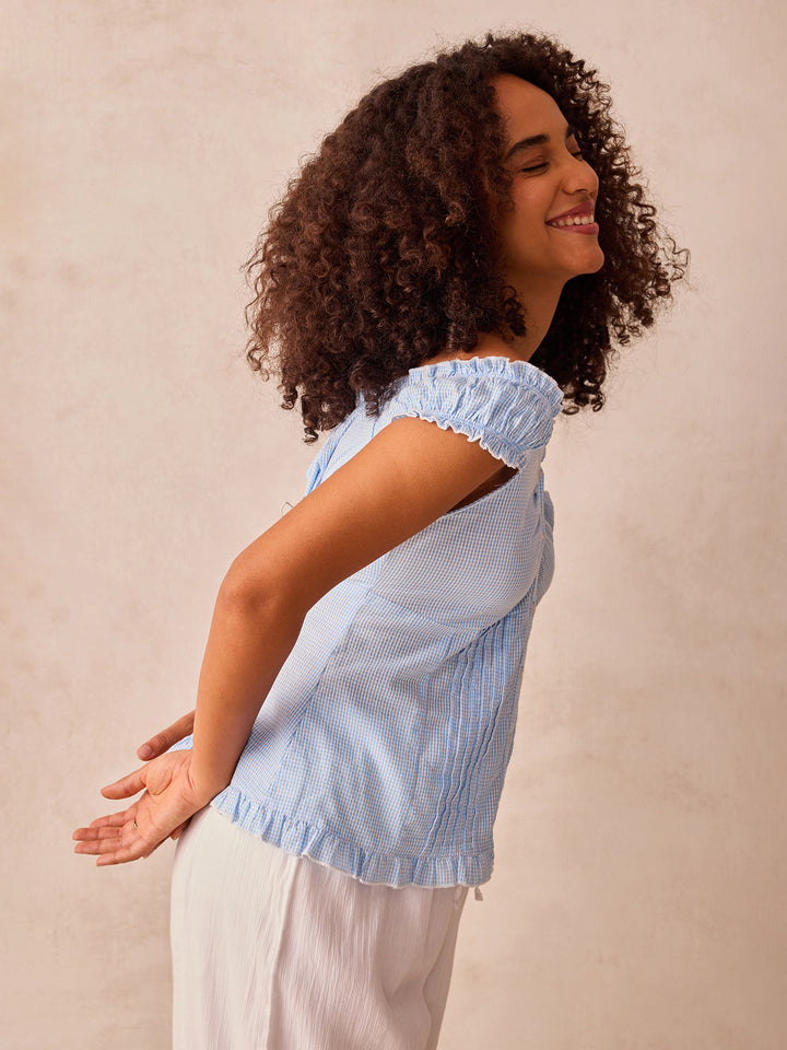 Blue Off Shoulder Front Buttoned Top
