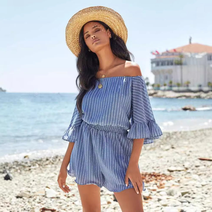 Blue Off-Shoulder Striped Mini Dress