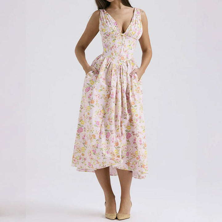 Pink V Neck Corset Flared Dress