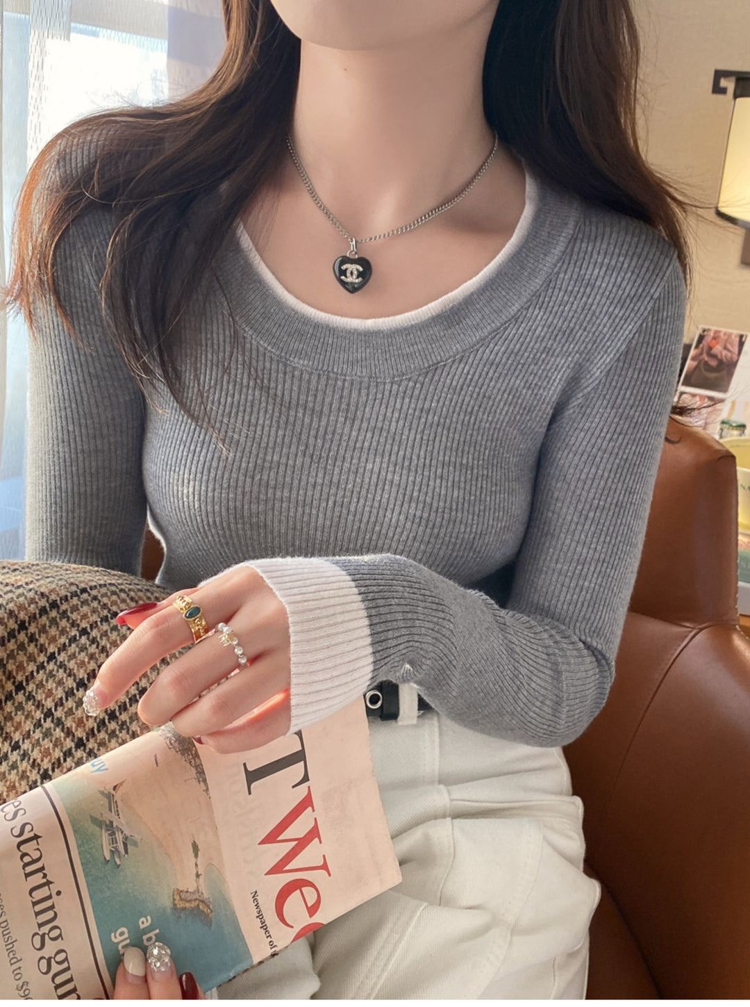 Grey Full Sleeve Contrast Hem Top