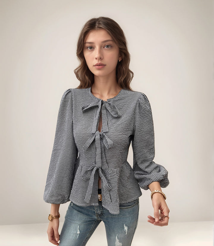Black Peplum Top With Front Bow Tie Up