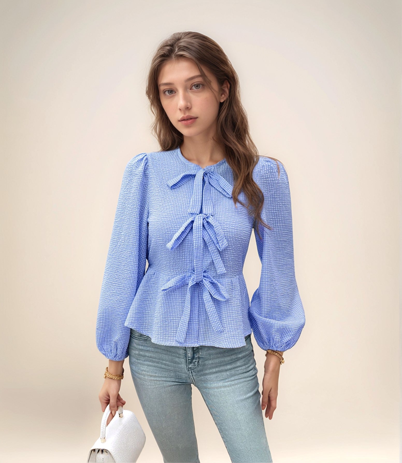 Blue Peplum Top With Front Bow Tie Up