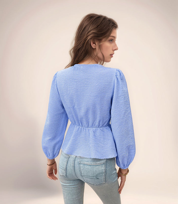 Blue Peplum Top With Front Bow Tie Up