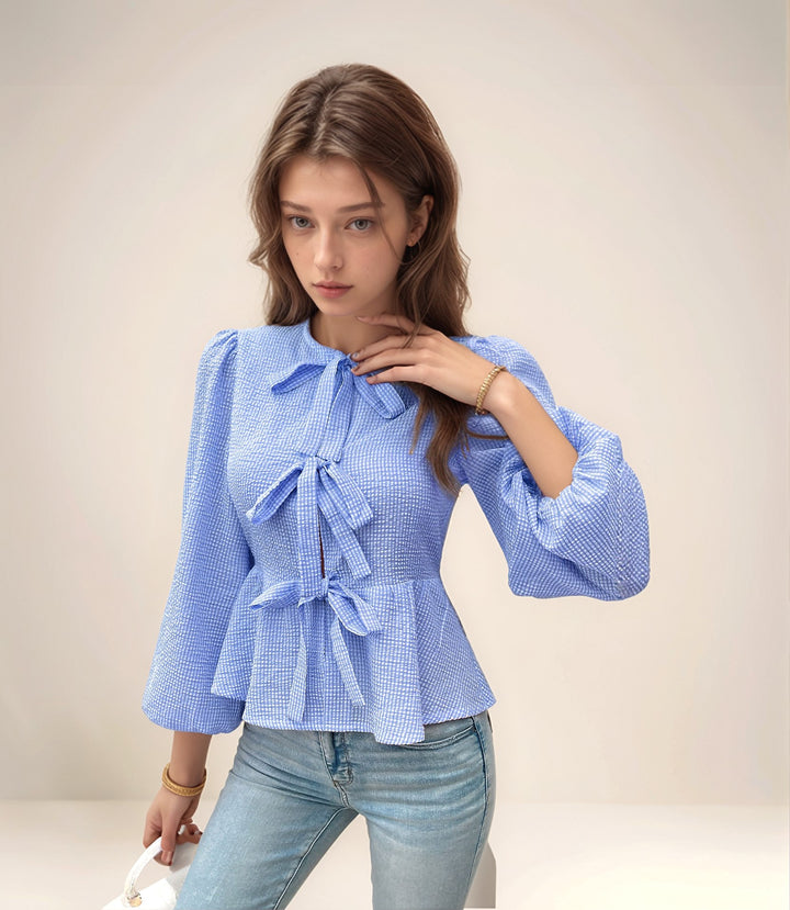 Blue Peplum Top With Front Bow Tie Up