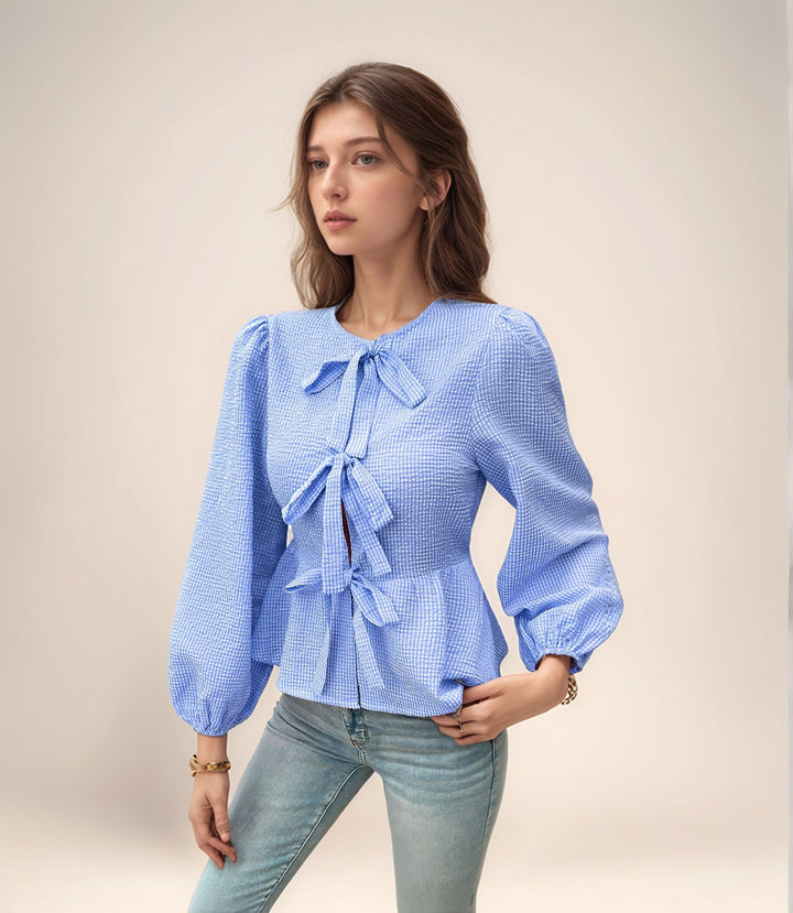 Blue Peplum Top With Front Bow Tie Up