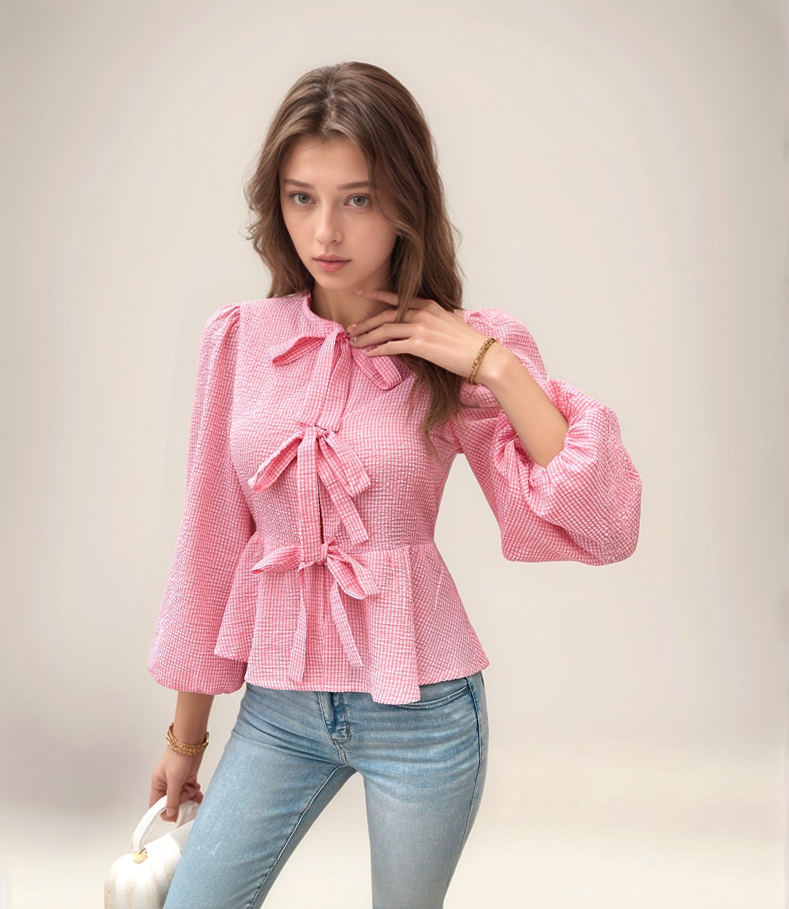Pink Peplum Top With Front Bow Tie Up