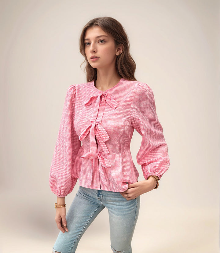Pink Peplum Top With Front Bow Tie Up