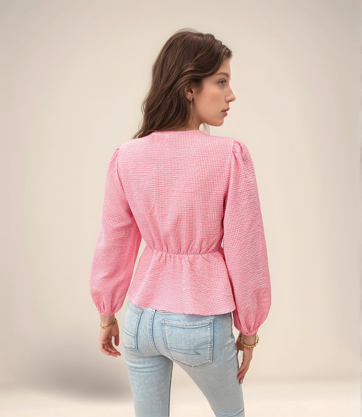 Pink Peplum Top With Front Bow Tie Up