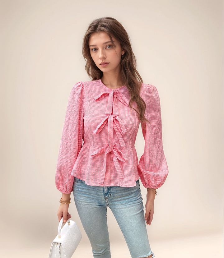 Pink Peplum Top With Front Bow Tie Up