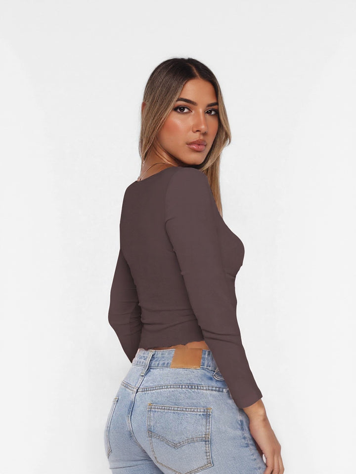 Brown Fitted Knit Top With Twist Detail At Front