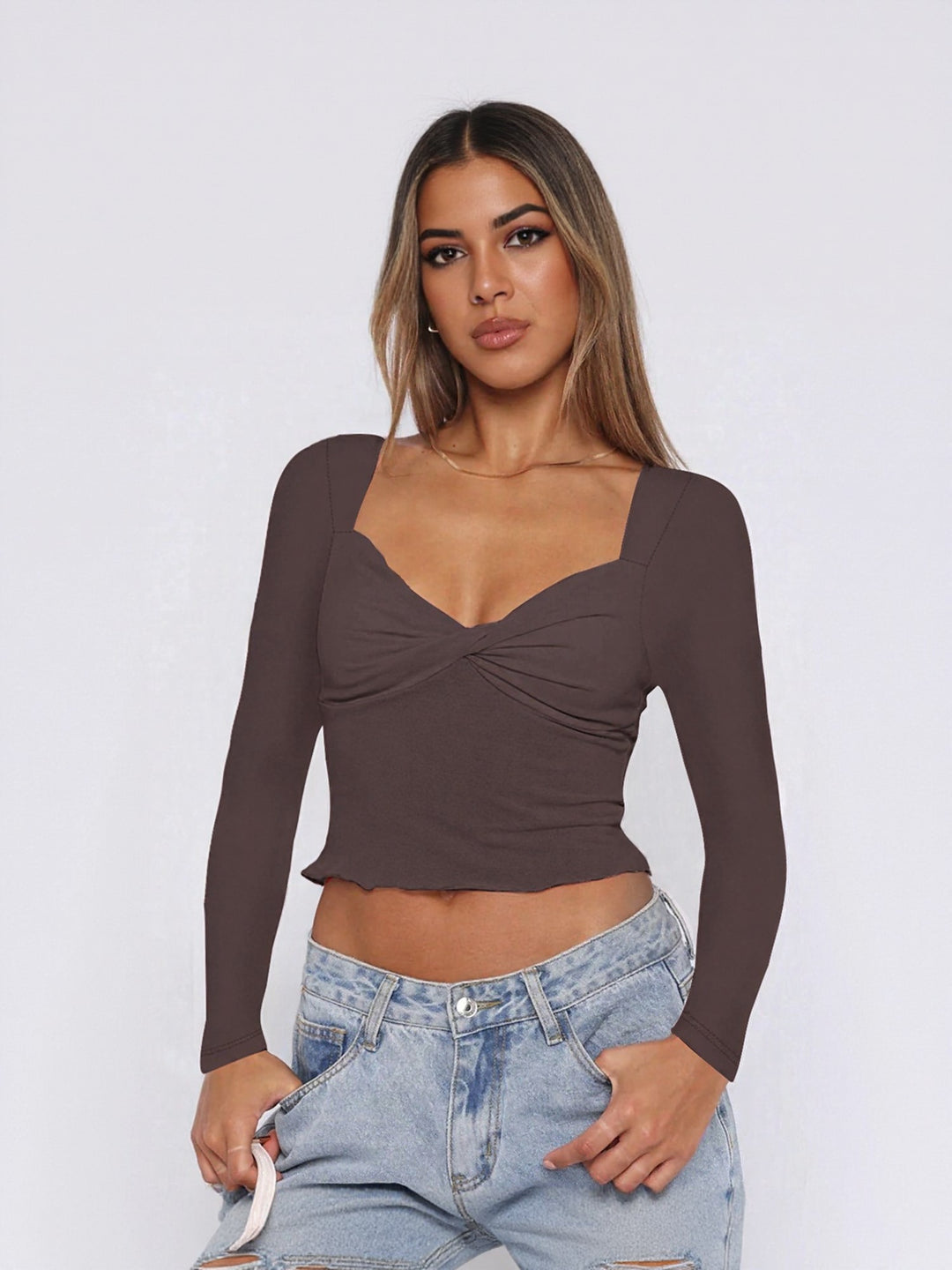Brown Fitted Knit Top With Twist Detail At Front