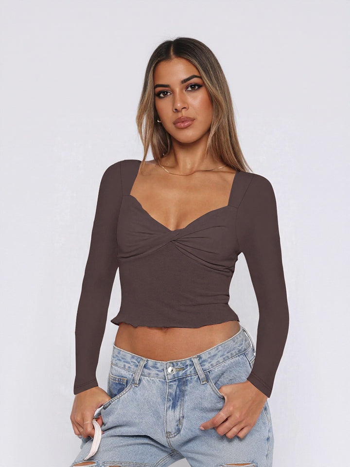 Brown Fitted Knit Top With Twist Detail At Front