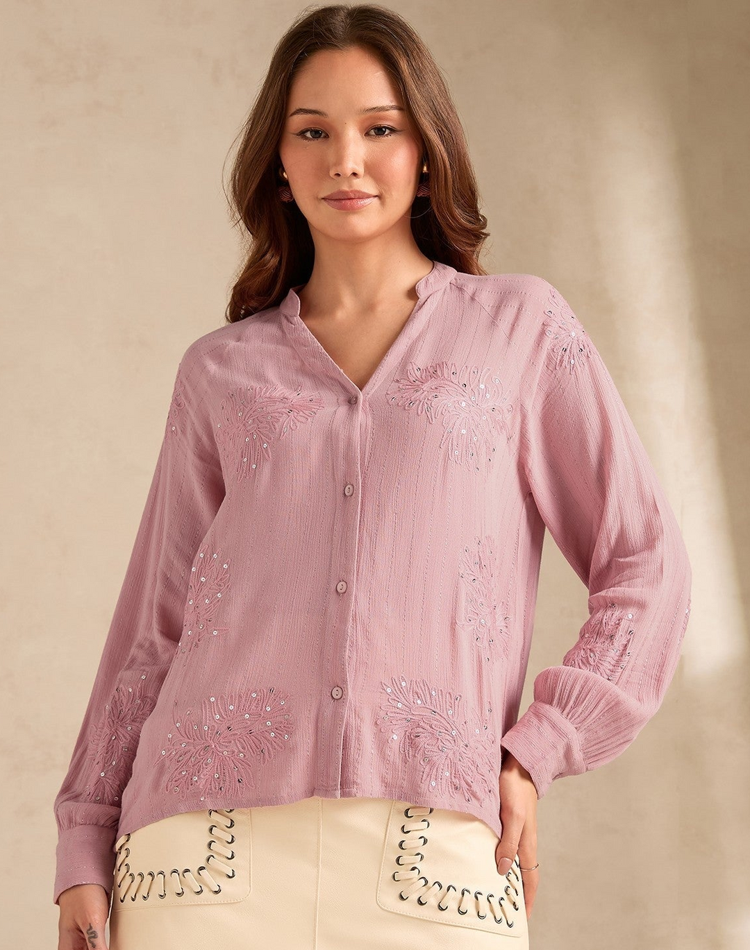 Mauve V-Neck Embroidered Long Sleeve Shirt With Embroidery