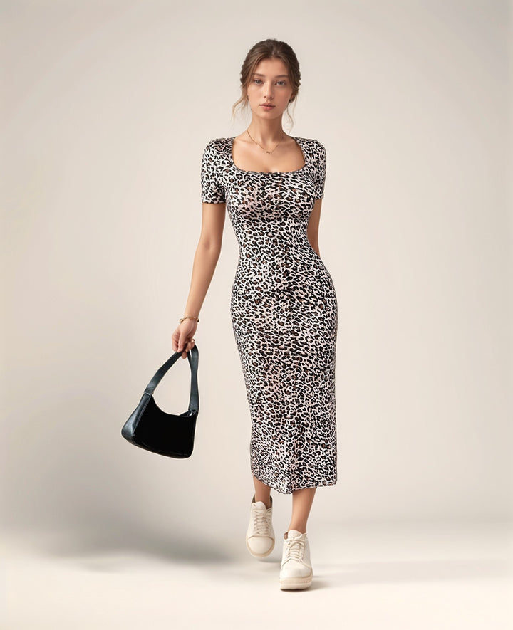 Black Animal Print Short Sleeves Dress