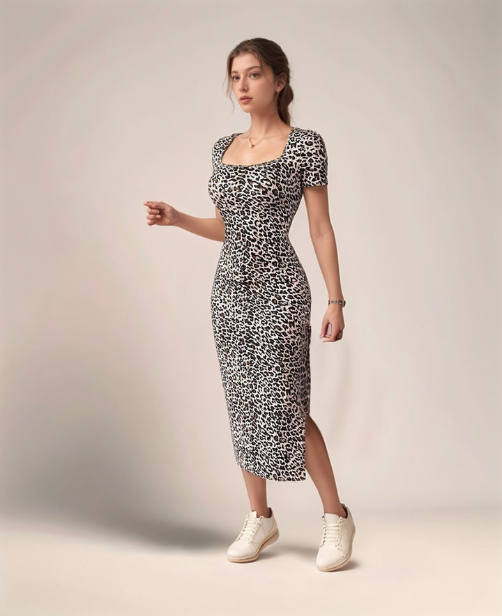 Black Animal Print Short Sleeves Dress