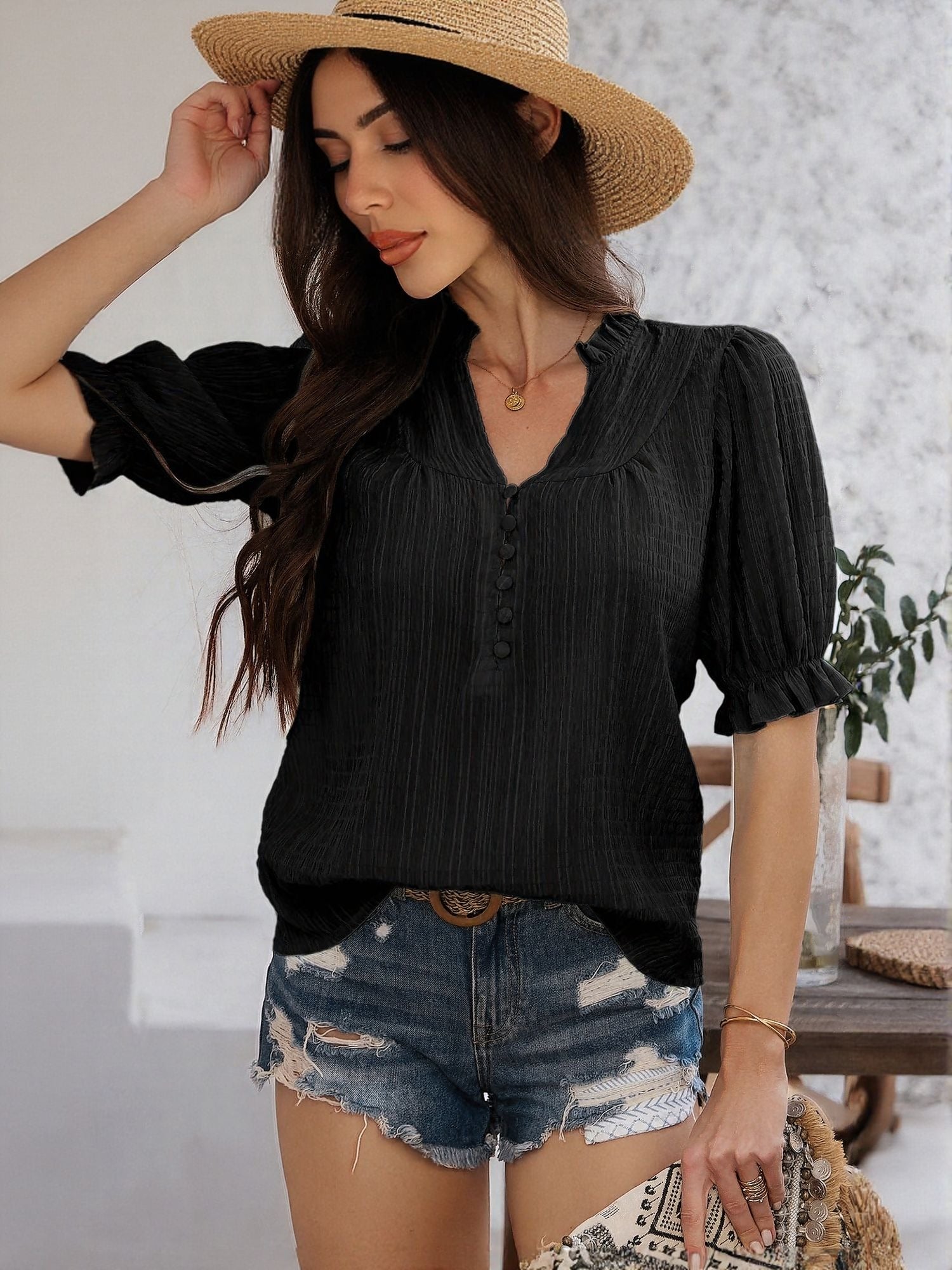 Black Peasant Top With Button Detail