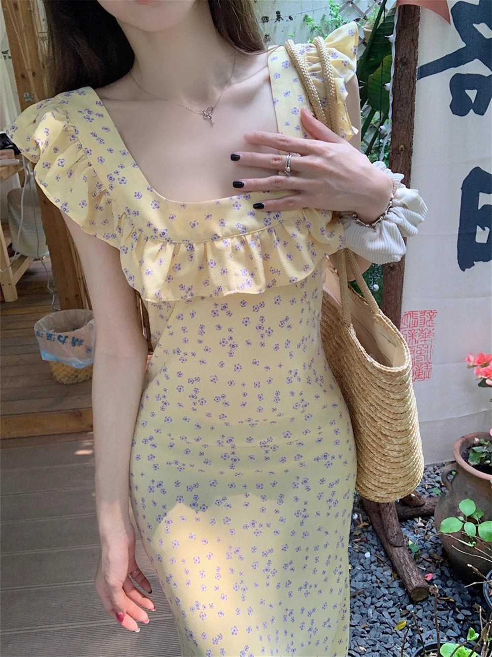 Yellow Printed Ruffle Maxi Dress