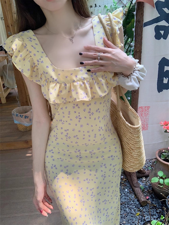 Yellow Printed Ruffle Maxi Dress