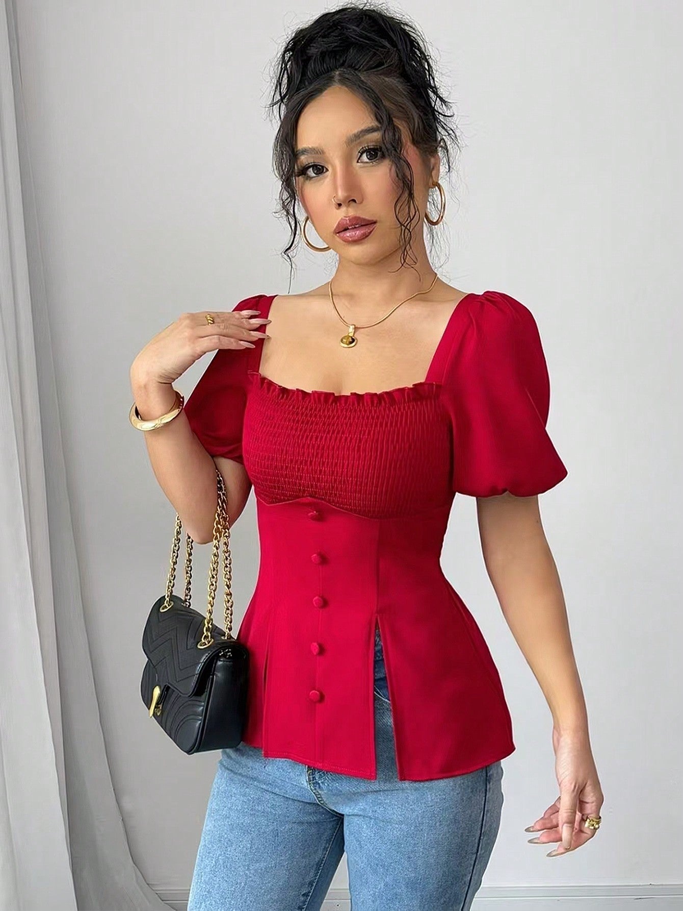 Red Puff Sleeve Square Neck Slit Top