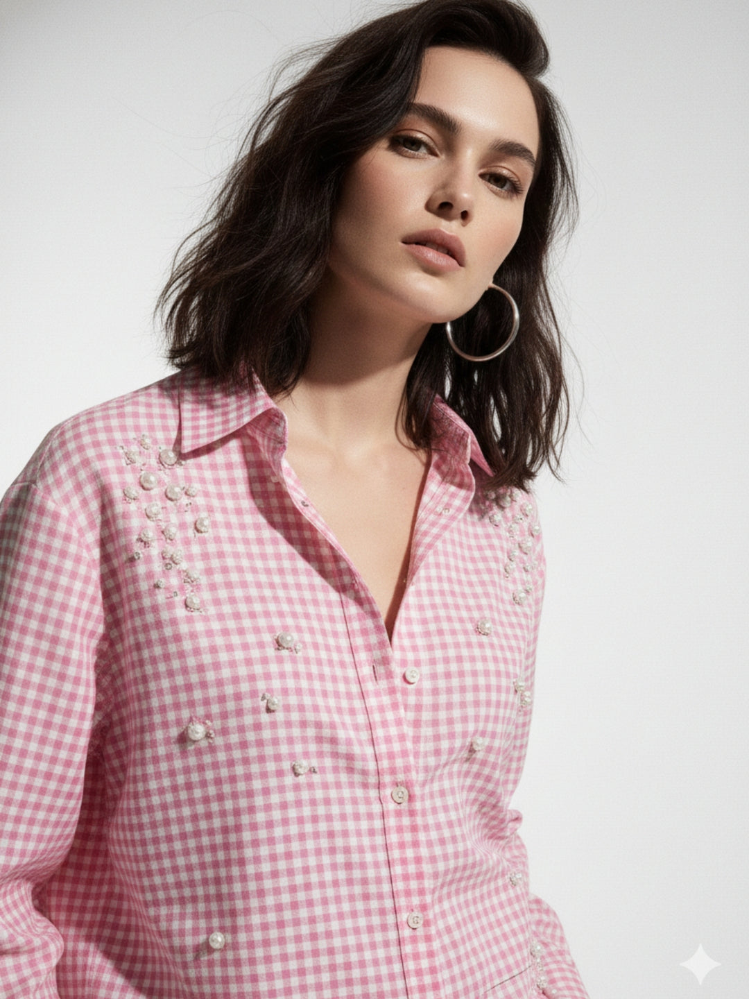 Pink Oversized Check Shirt With Placement Embellishment Detail