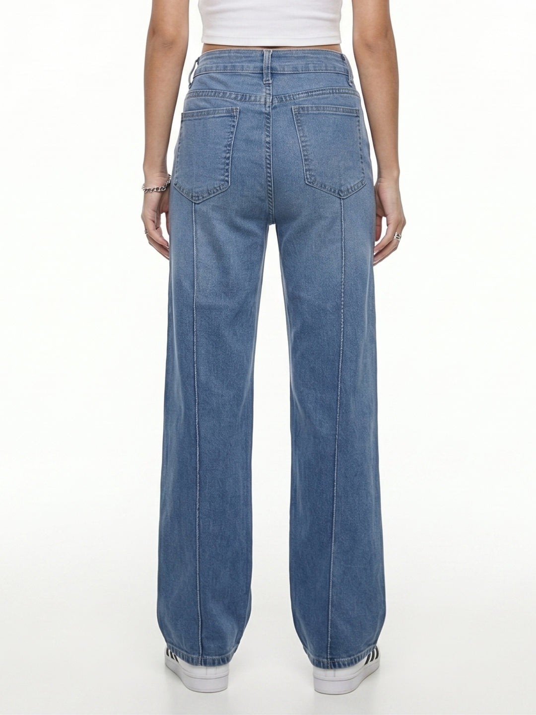 Blue Clean Washed Wide Leg Jeans With Seam Detail