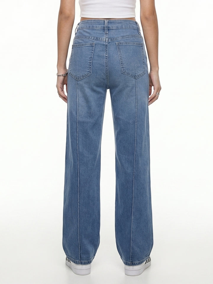 Blue Clean Washed Wide Leg Jeans With Seam Detail