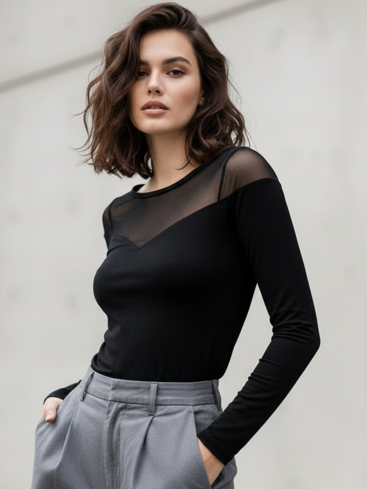 Black Full Sleeve Mesh Detail Top