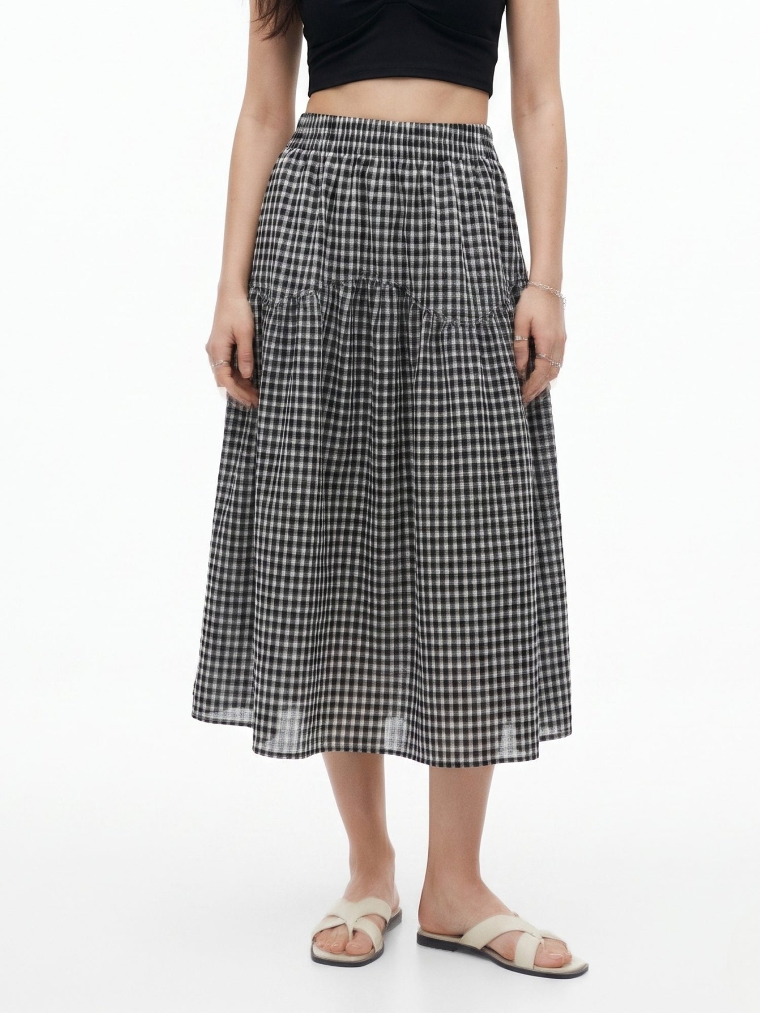 Black High Waist Checkered Skirt